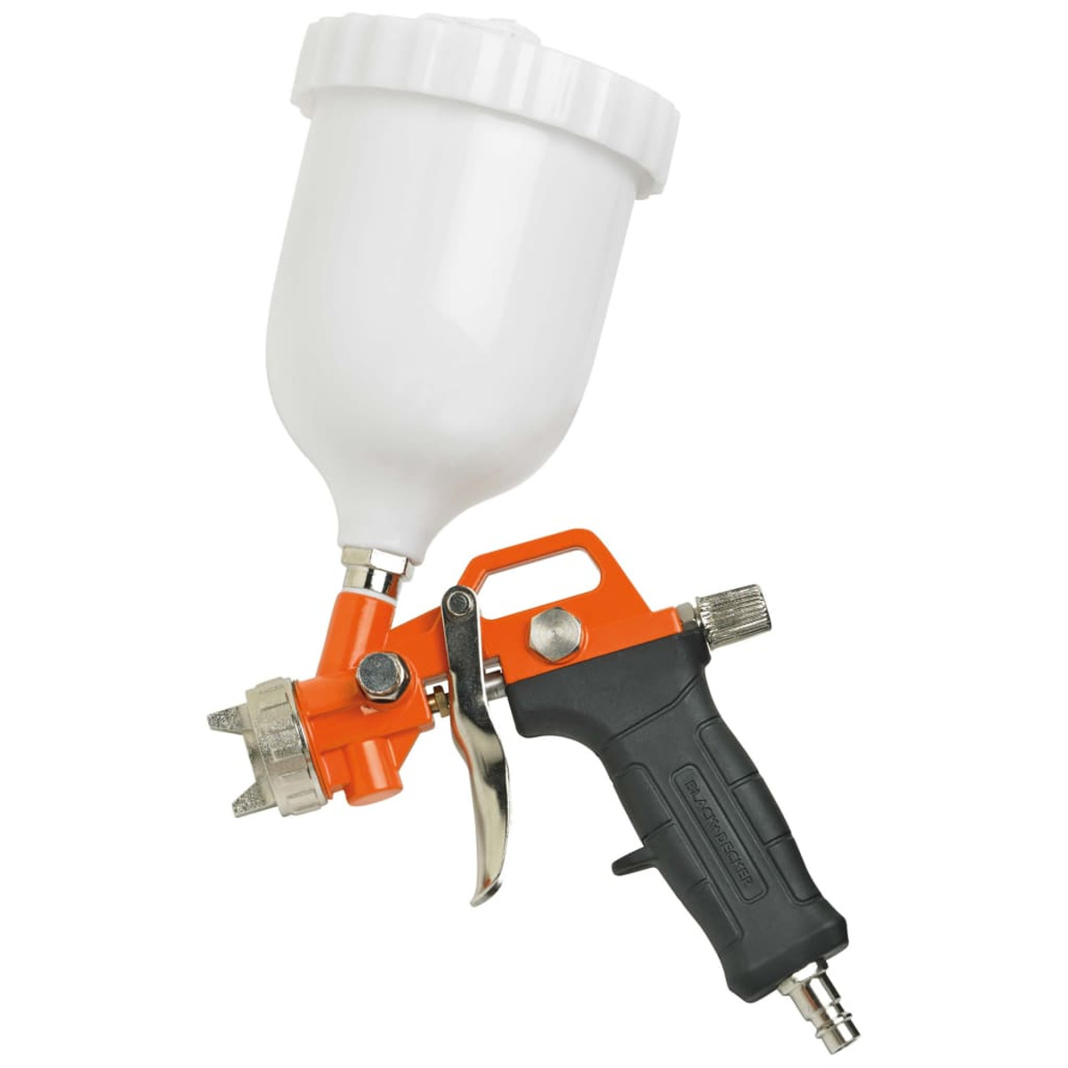 Eine Spritzpistole mit orangefarbenem Gehäuse, weißem Becher und schwarzem Griff auf weißem Grund.