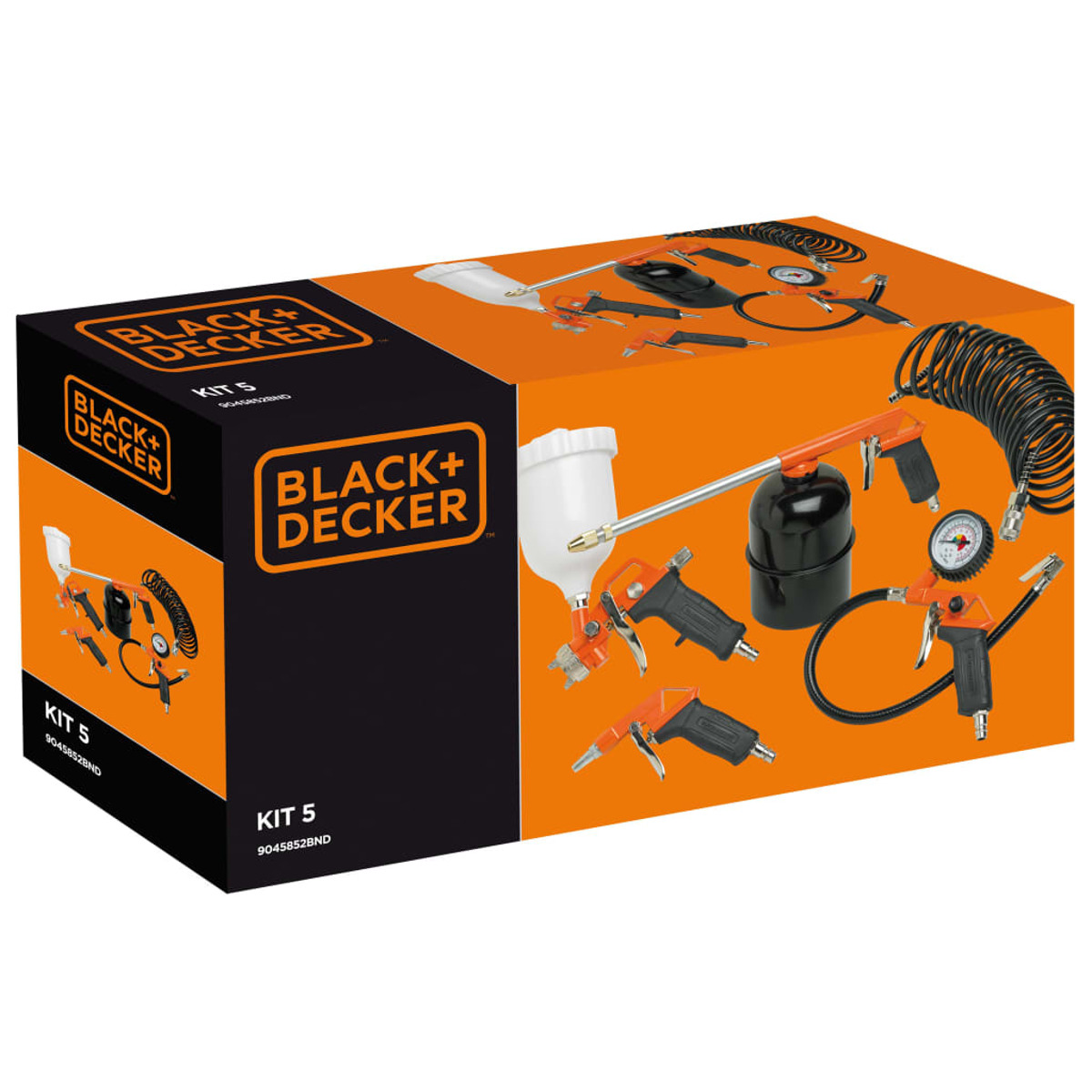 Eine Black+Decker-Kit-Box mit Werkzeugen. Enthält Spritzpistolen, Luftschläuche und ein Manometer.