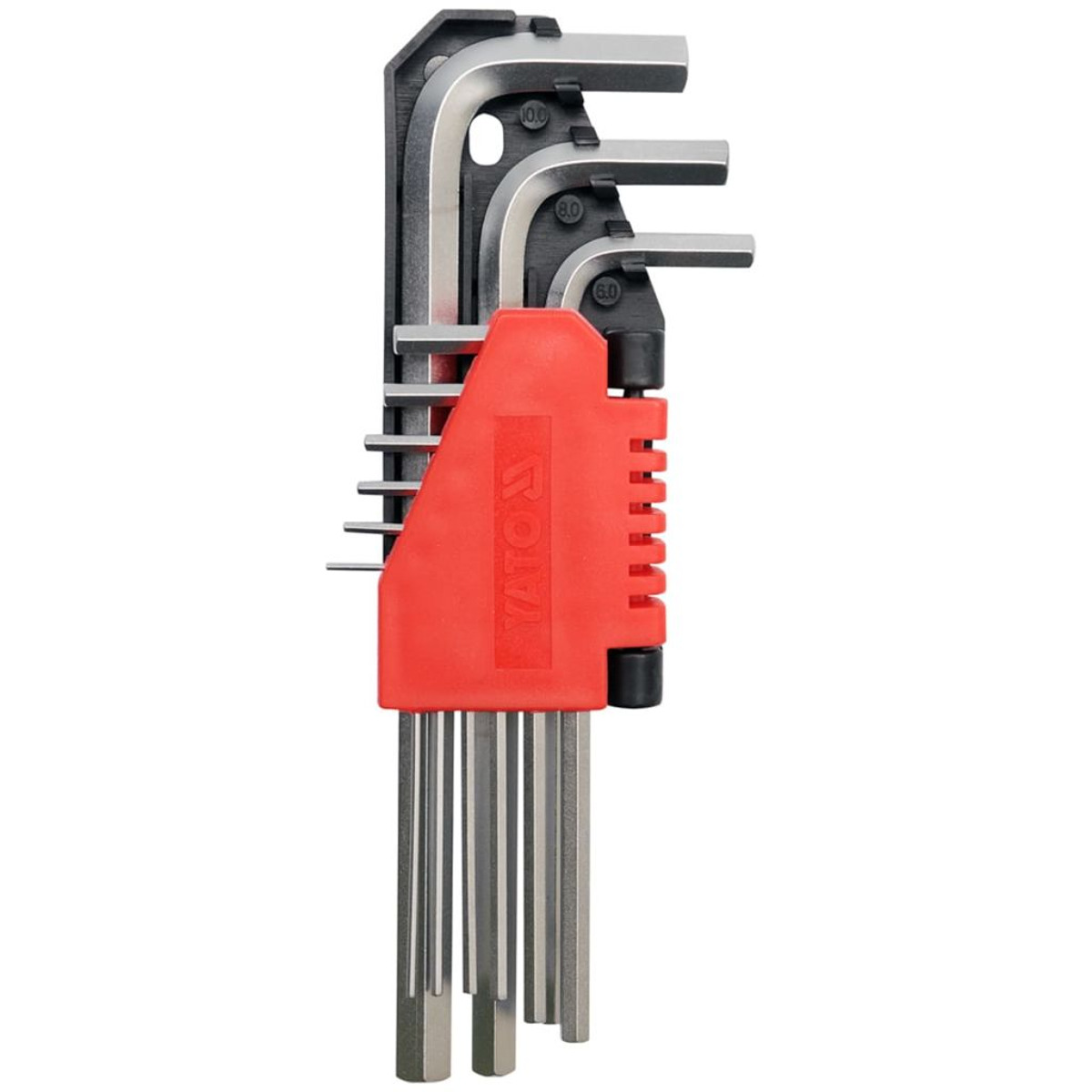 Satz Inbusschlüssel in rotem Halter. Verschiedene Größen, Metallwerkzeuge.