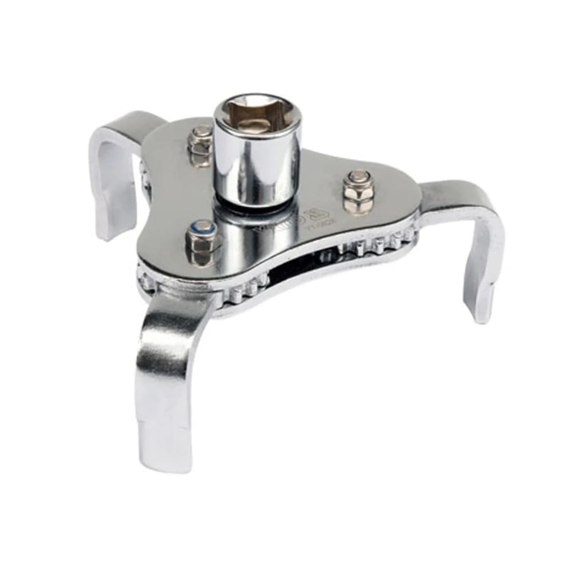 Herramienta de metal plateado con tres brazos y un enchufe, utilizada para quitar filtros.