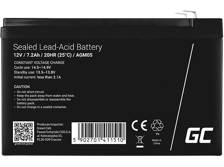 GREEN CELL AGM05 AGM Kinderfahrzeug-Batterie, mAh Batterie 7,2