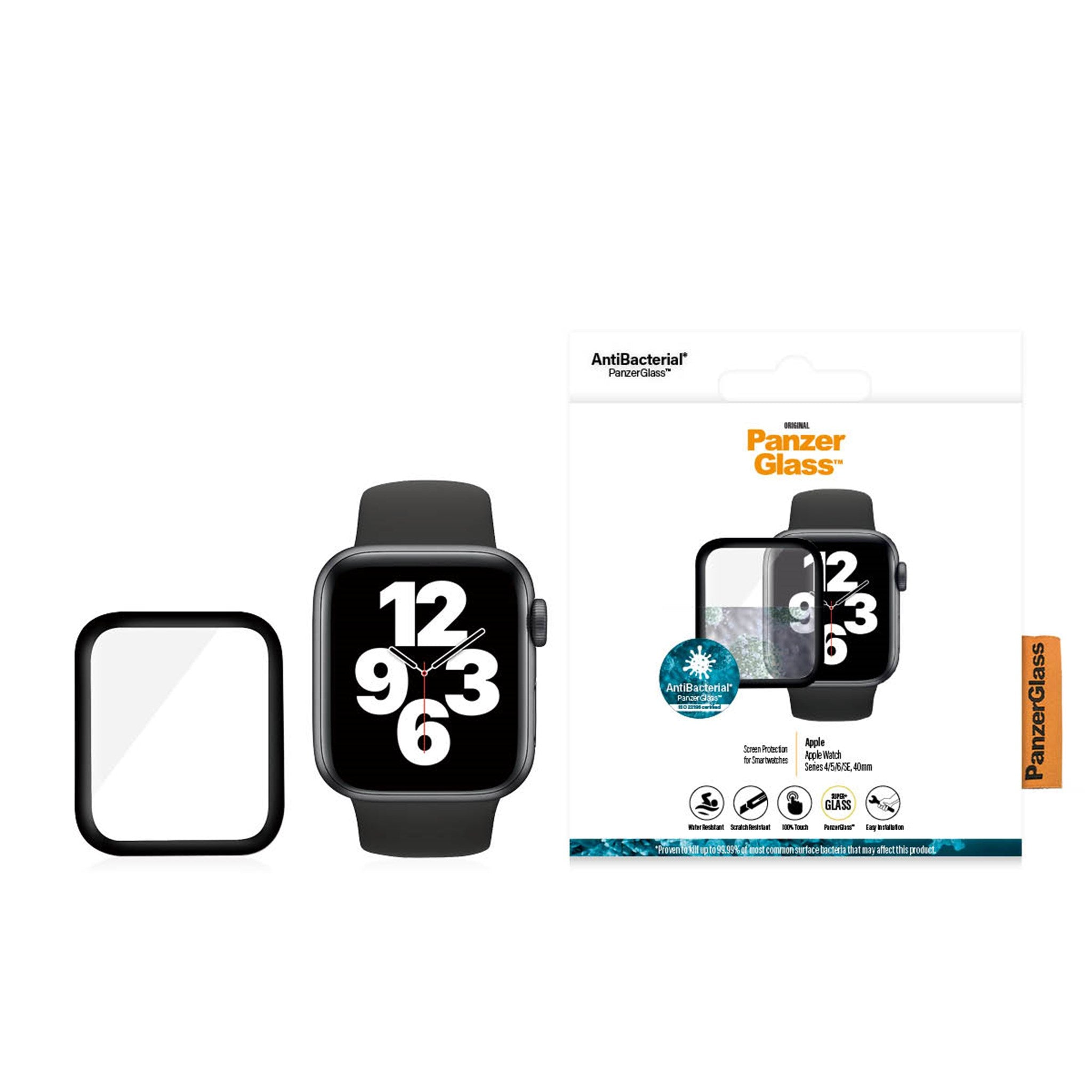 Czarny Apple Watch z ochraniaczem ekranu i opakowaniem PanzerGlass z tekstem.