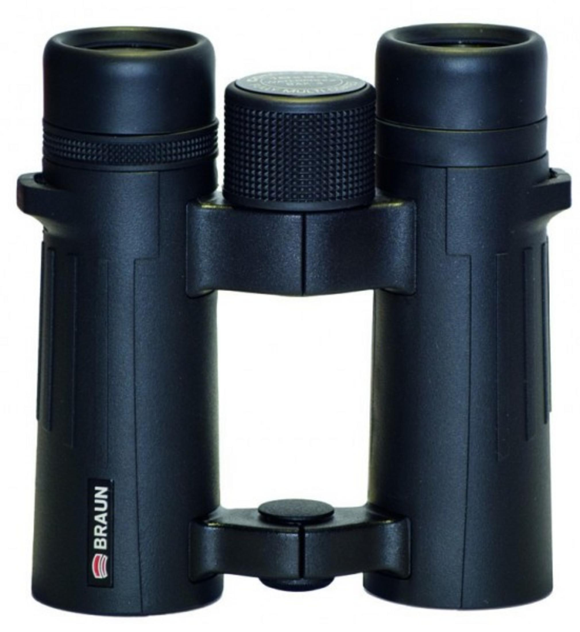 Schwarzes Fernglas mit Braun-Logo auf weißem Hintergrund.