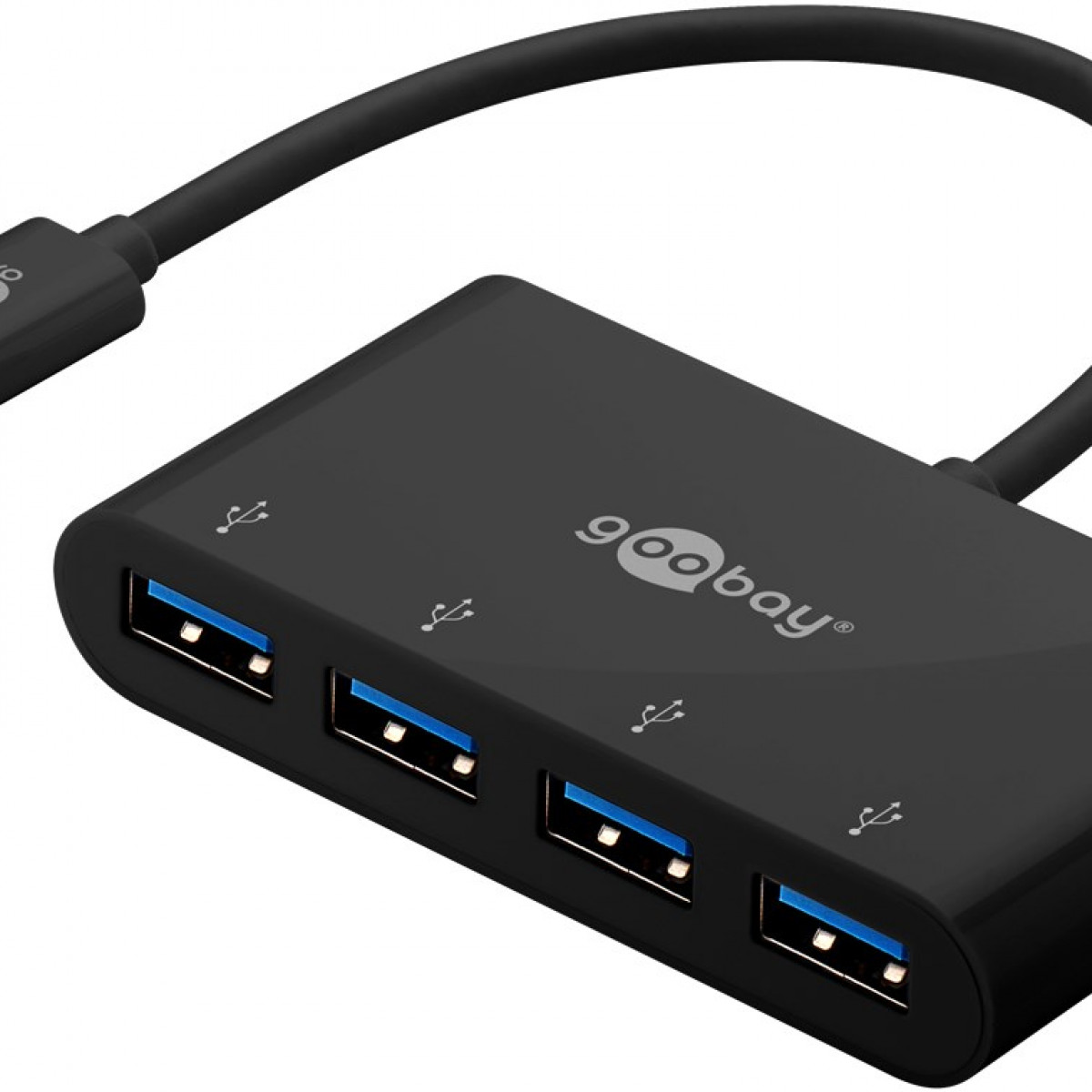 Schwarzer USB-Hub mit 4 USB-Anschlüssen, blaue Anschlüsse.