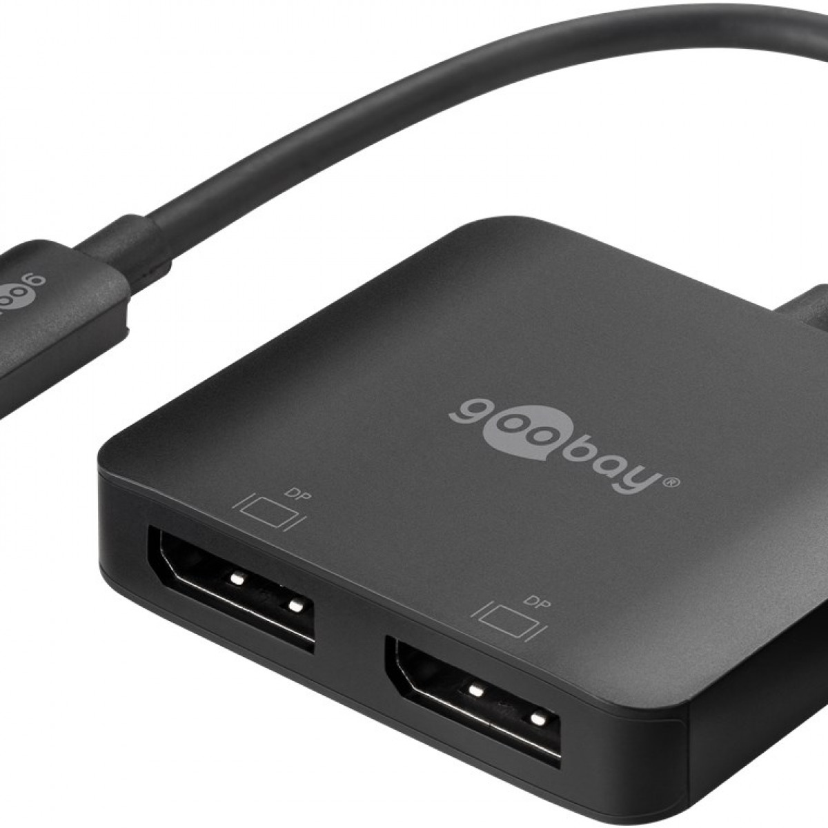 Ein schwarzer Goobay-Adapter mit zwei HDMI-Anschlüssen und einem angeschlossenen Kabel. Das Logo ist weiß.