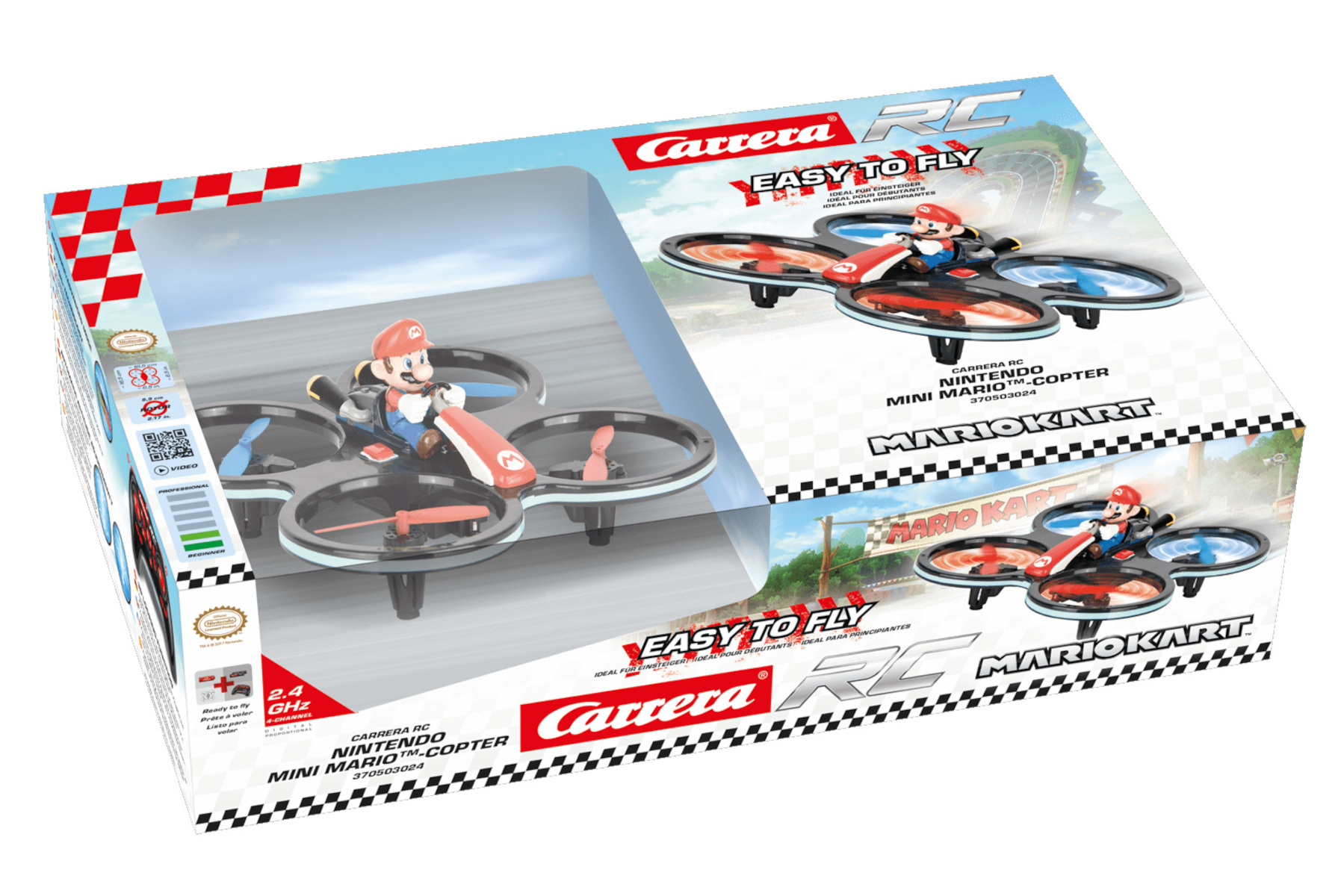 Juguete de dron Mario Kart en una caja, detalles rojos y azules, fondo blanco.