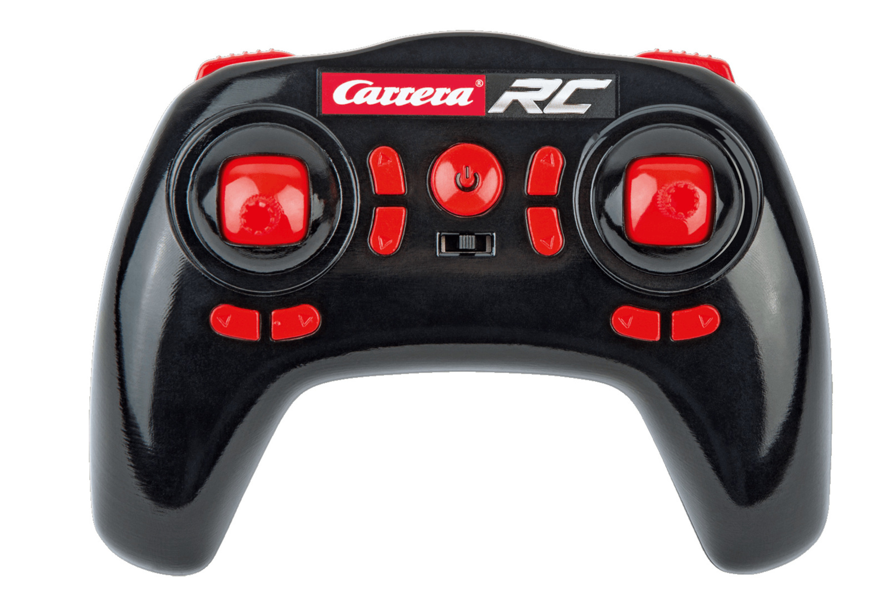 Un mando a distancia negro con botones rojos que dice Carrera RC.