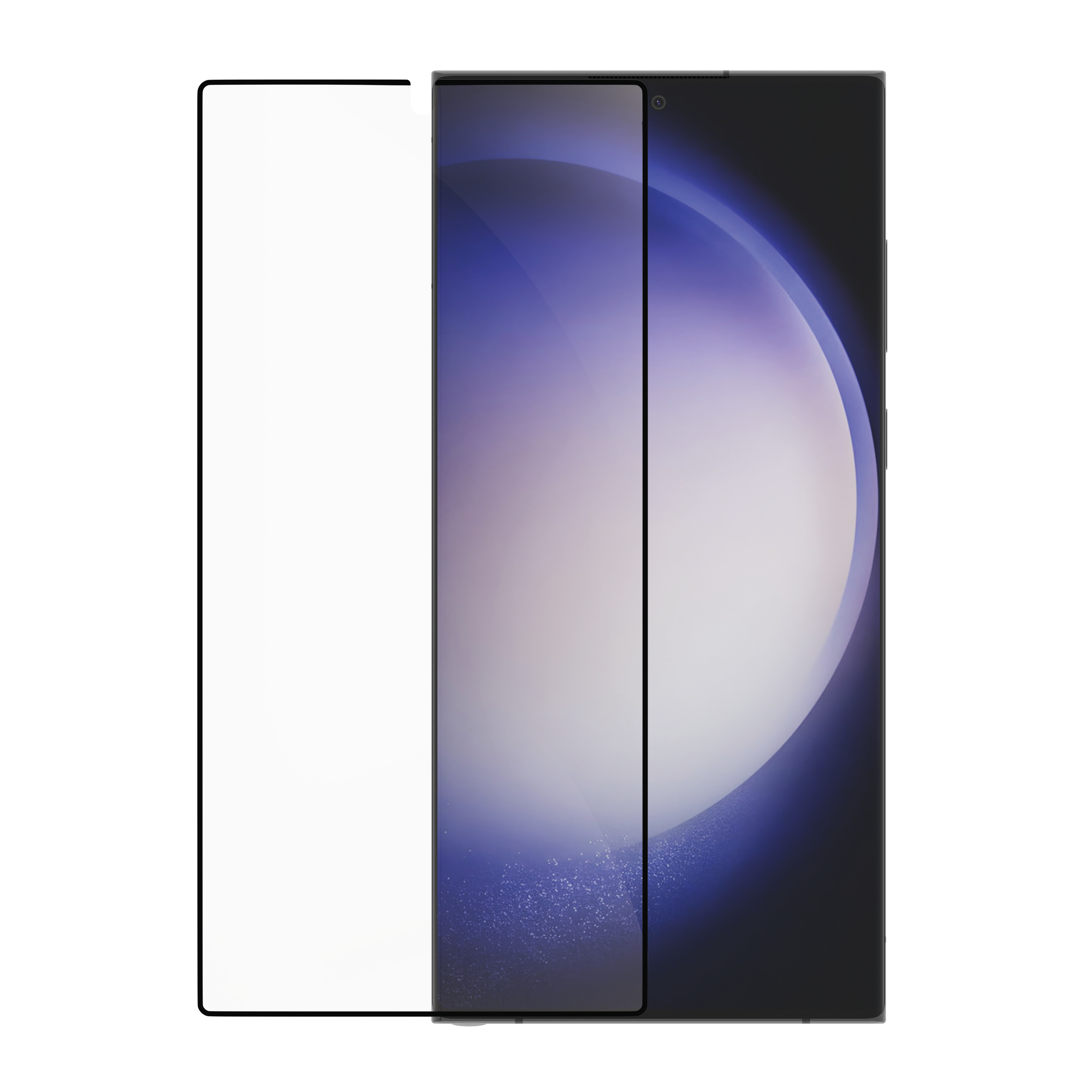 Telefono con protezione schermo, che mostra un display blu-viola, sfondo nero.