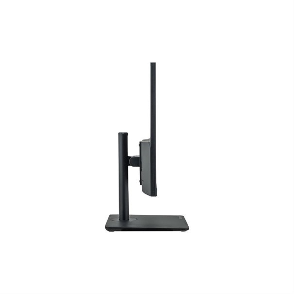 Widok z boku czarnego monitora komputera z czarną podstawą, na białej powierzchni.