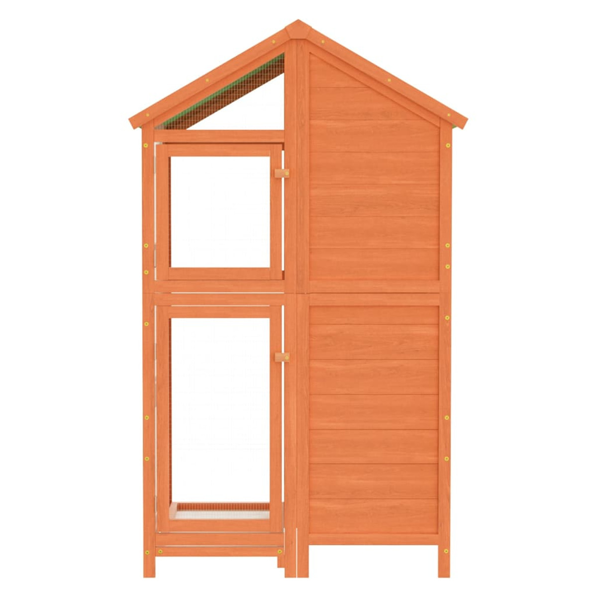 Hundehaus aus Holz mit Tür, Fenster und offenem Dach. Orange Farbe. Weißer Hintergrund.