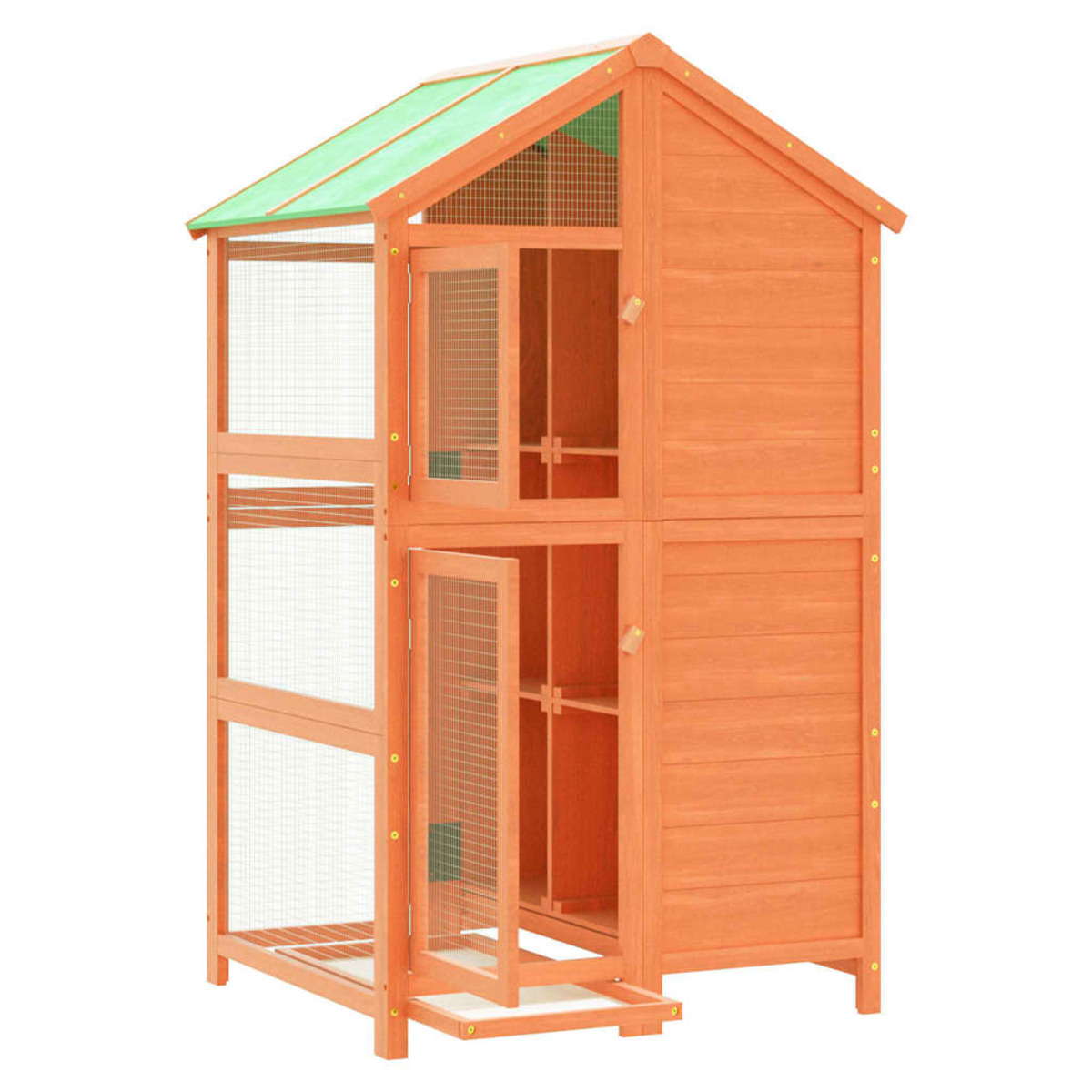 Vogelkäfig aus Holz, orange mit grünem Dach, offene Tür, weißer Hintergrund.