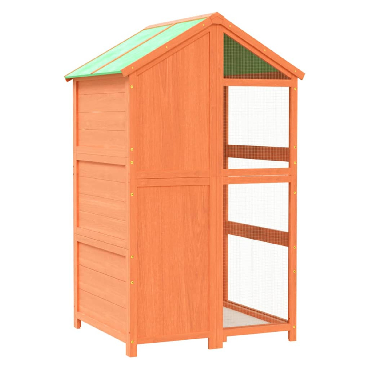 Vogelhaus aus Holz mit einem schrägen grünen Dach und Drahtgitterfenstern. Das Haus hat ein zweistöckiges Design.