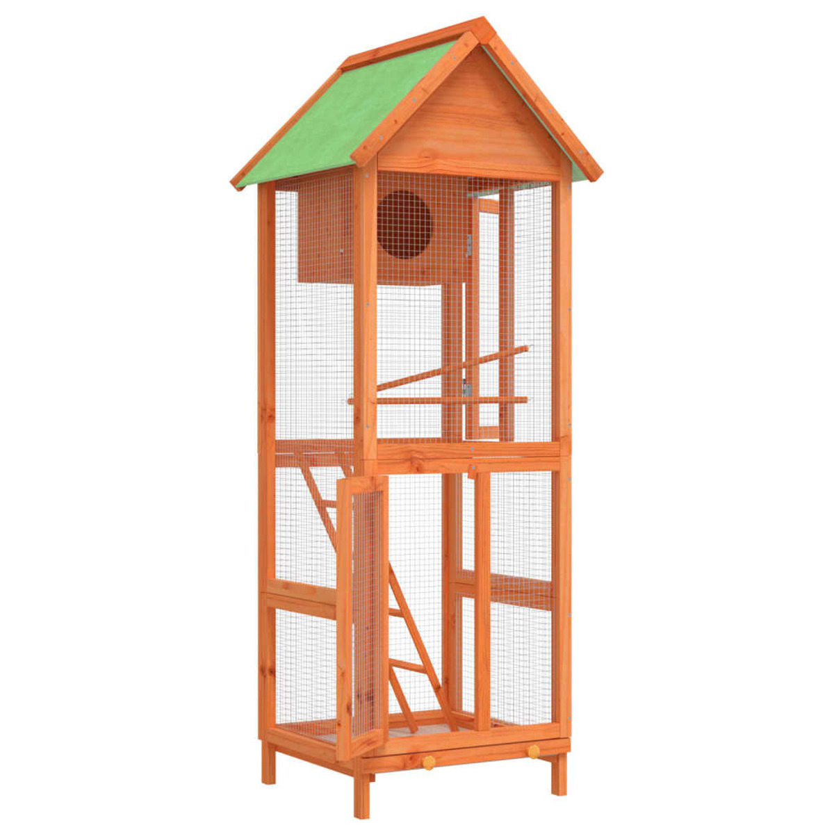 Vogelkäfig aus Holz mit Maschenwänden, grünem Dach und offener Tür.
