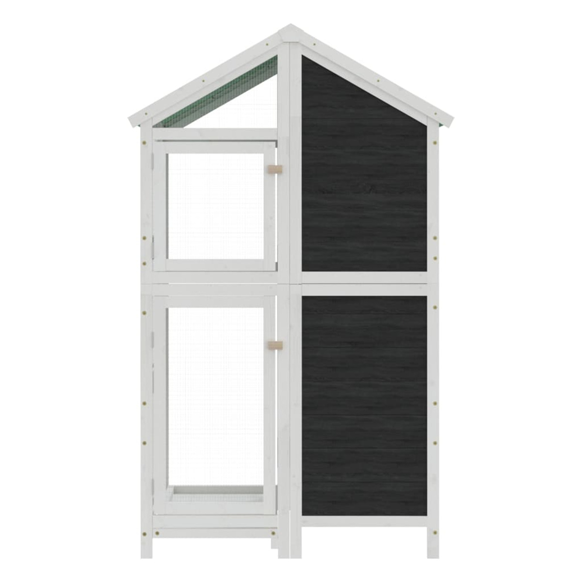 Ein weißes und schwarzes Vogelhaus aus Holz. Es hat zwei Türen und ein Dach.