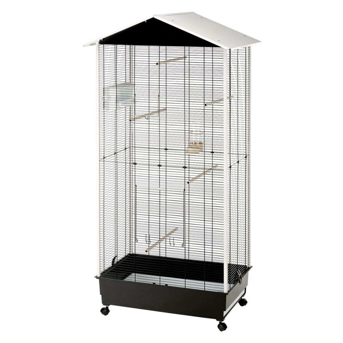 Hoher Vogelkäfig mit weißem Dach und schwarzen Stäben. Sitzstangen im Inneren. Schwarze Basis mit Rädern.