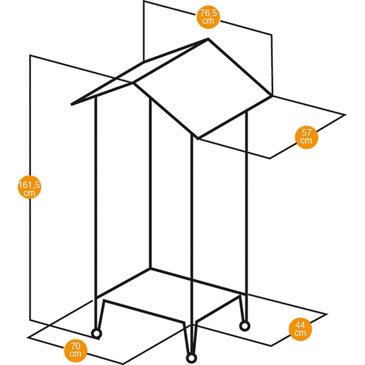 Diagramm eines Kleiderständers mit Abmessungen. Der Ständer besteht aus einem Rahmen mit Regalen.