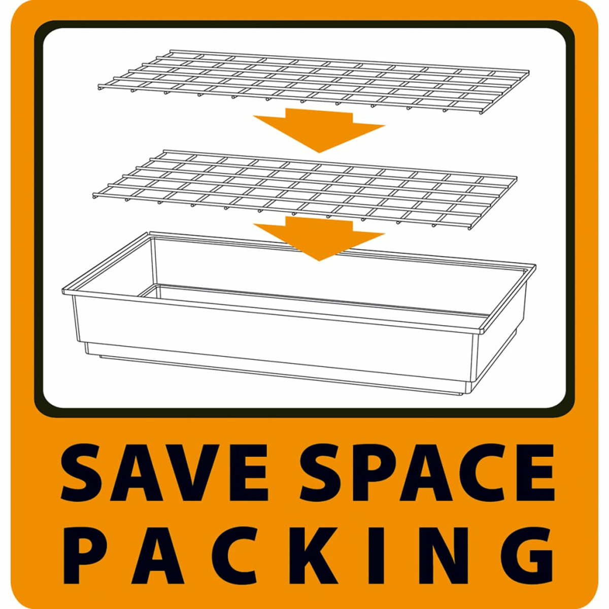Eine Illustration, die eine Schale mit zwei Gittern und Pfeilen zeigt, mit den Worten 'SAVE SPACE PACKING'.