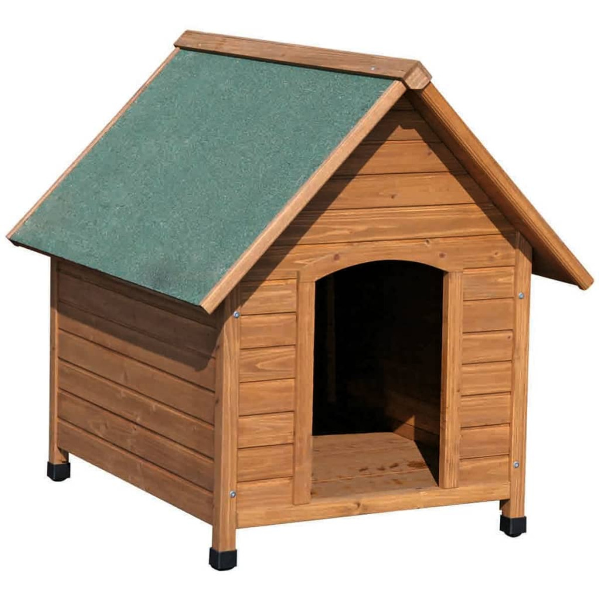 Cuccia in legno, marrone con tetto verde, con porta aperta.