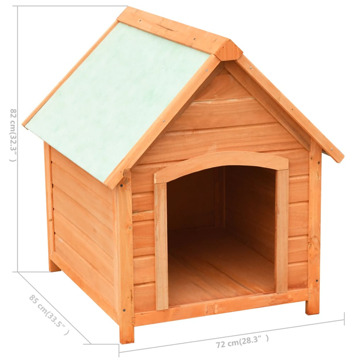 Hundehaus aus Holz mit grünem Dach, mit Maßen. Es ist draußen.