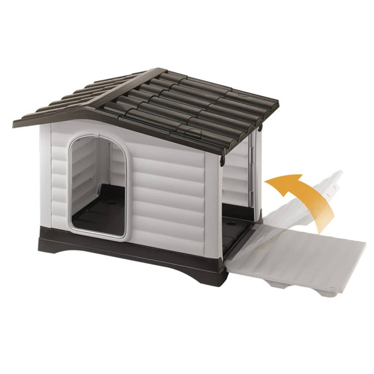 Hundehütte mit schwarzem Dach, weißen Wänden und offenem Eingang. Ein Pfeil zeigt auf den Zugang.