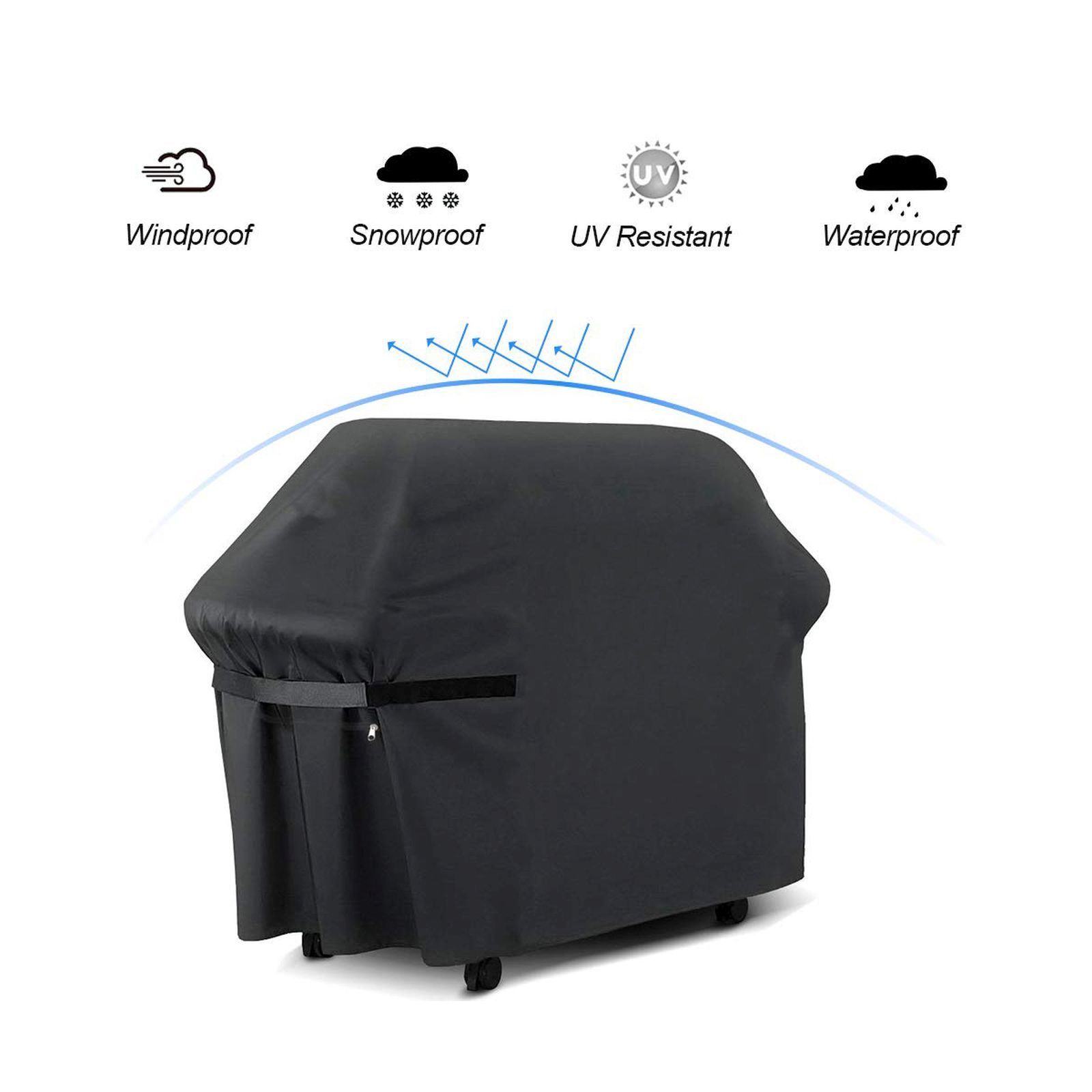 Schwarze Grillabdeckung mit Logos für Wind-, Schnee-, UV- und Wasserbeständigkeit.