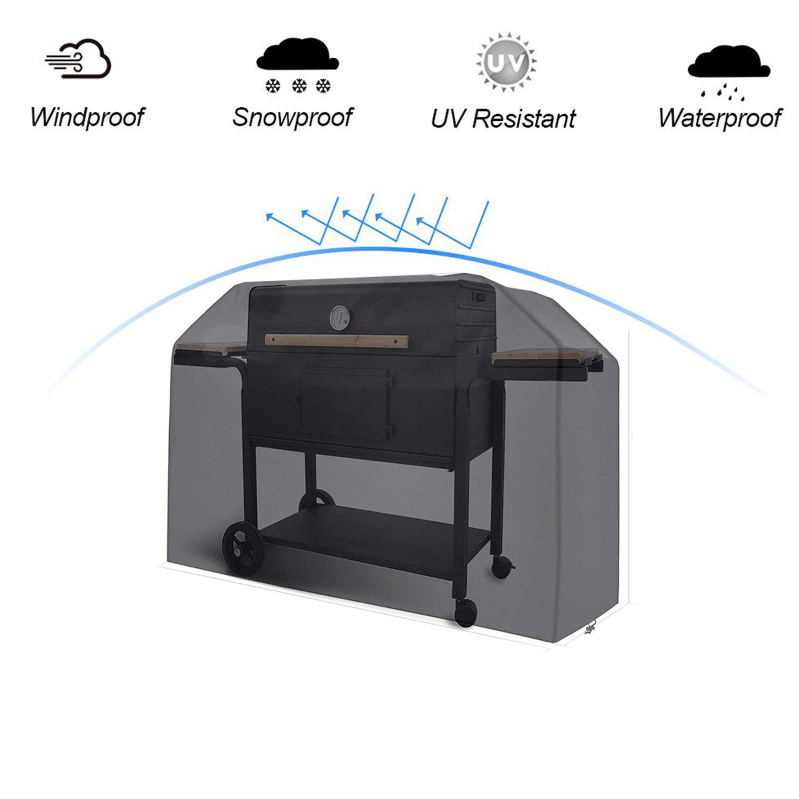 Grill abgedeckt von einer grauen, wetterfesten Abdeckung mit Symbolen für Wind-, Schnee-, UV- und Wasserbeständigkeit.