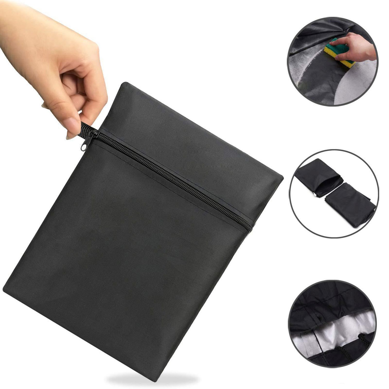 Schwarze Tasche mit Reißverschluss, Hand hält Reißverschluss, drei Bilder.