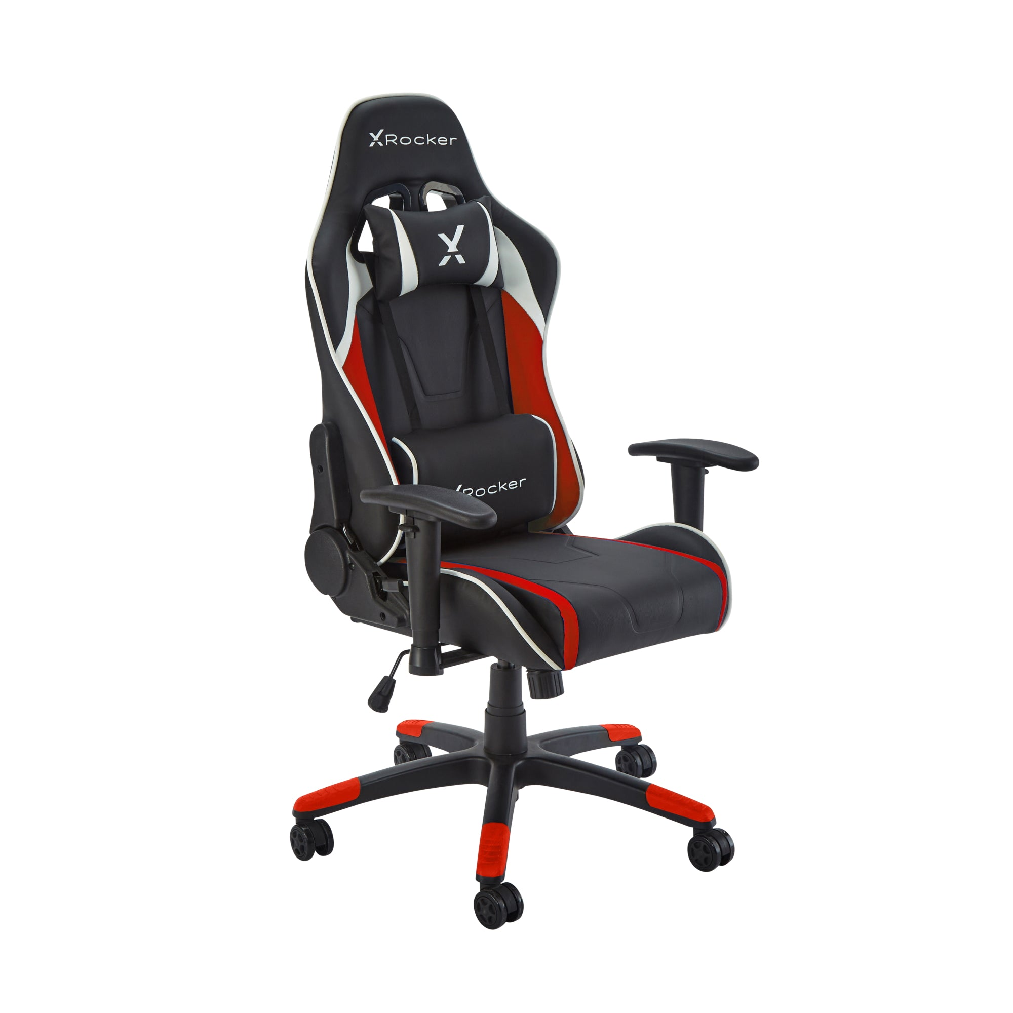 Schwarzer und roter Gaming-Stuhl mit Kopfstütze. Weißer Hintergrund.