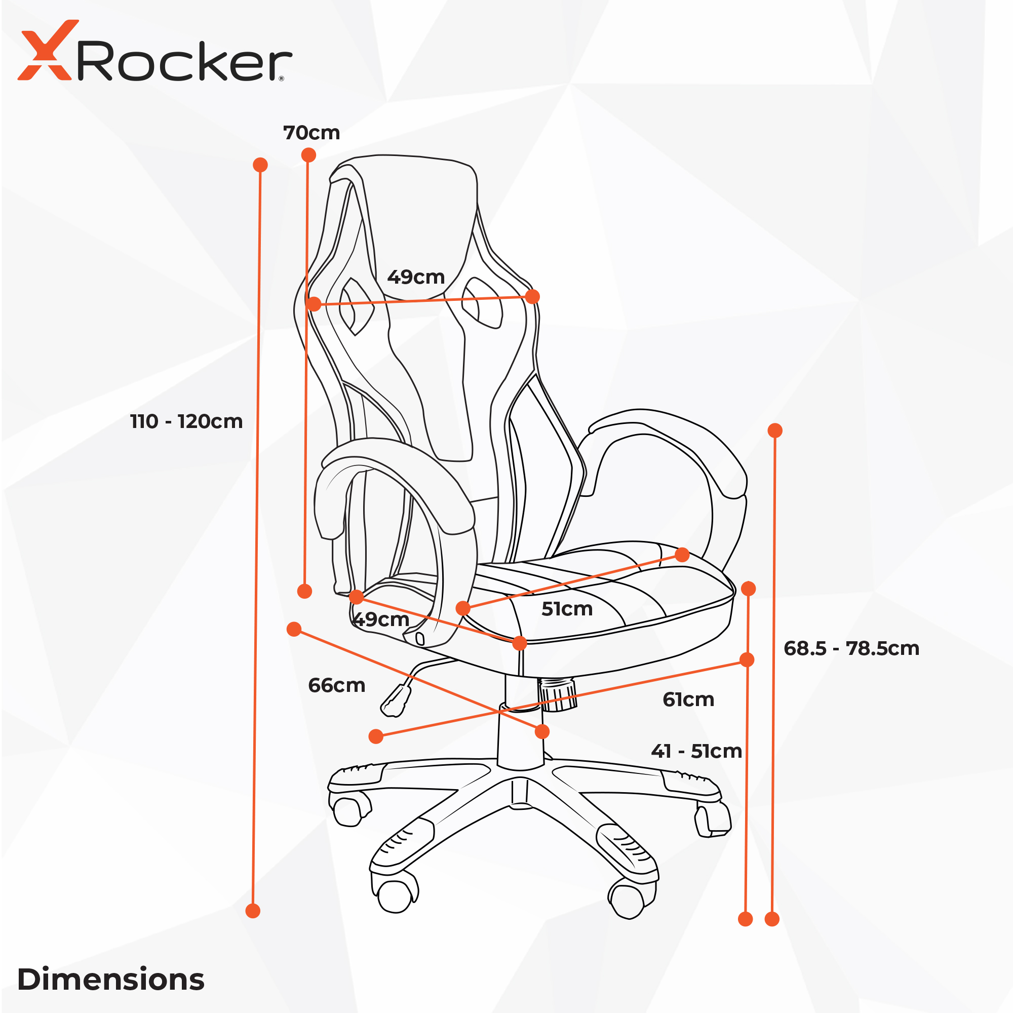 Ein Gaming-Stuhl mit markierten Abmessungen: Höhe 110-120cm, Breite 61cm, Sitzbreite 51cm und Armbreite 49cm.