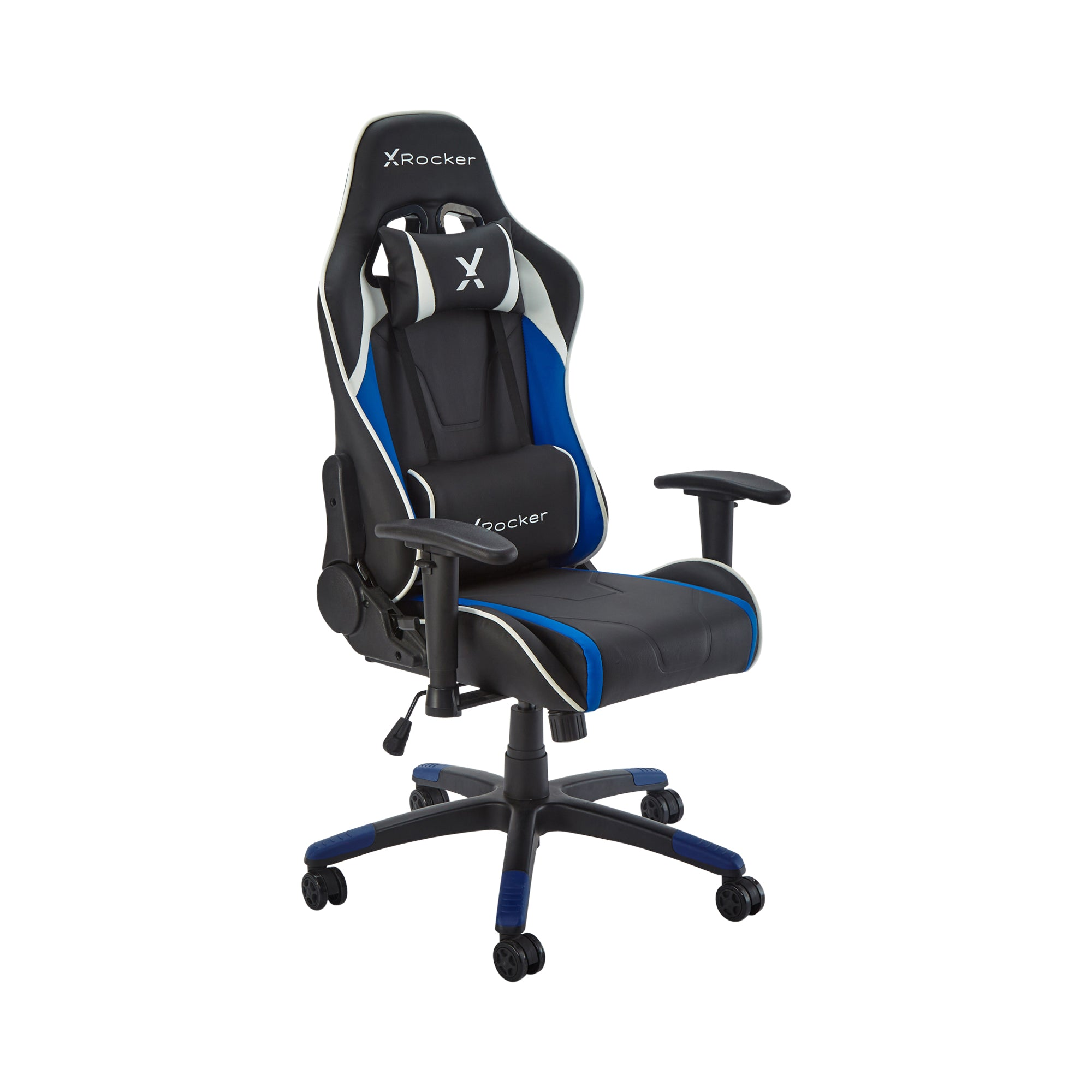 Gaming-Stuhl: schwarz, blaue und weiße Akzente, X-Rocker-Logo. Isoliert auf weißem Hintergrund.