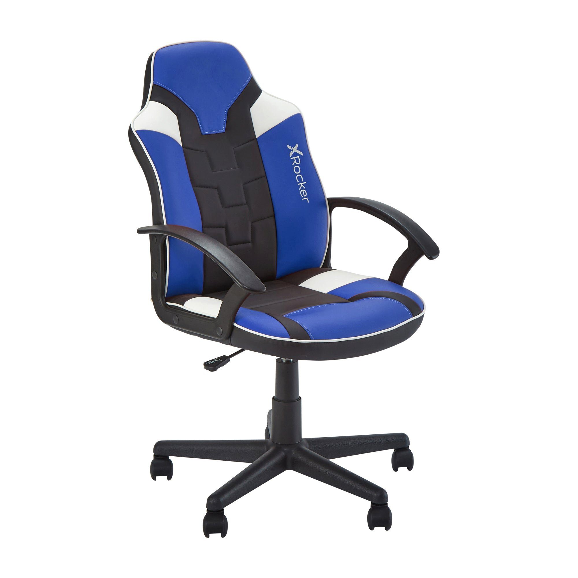 Blau-schwarzer Gaming-Stuhl auf schwarzer Basis mit Rädern. Hat einen hohen Rücken.