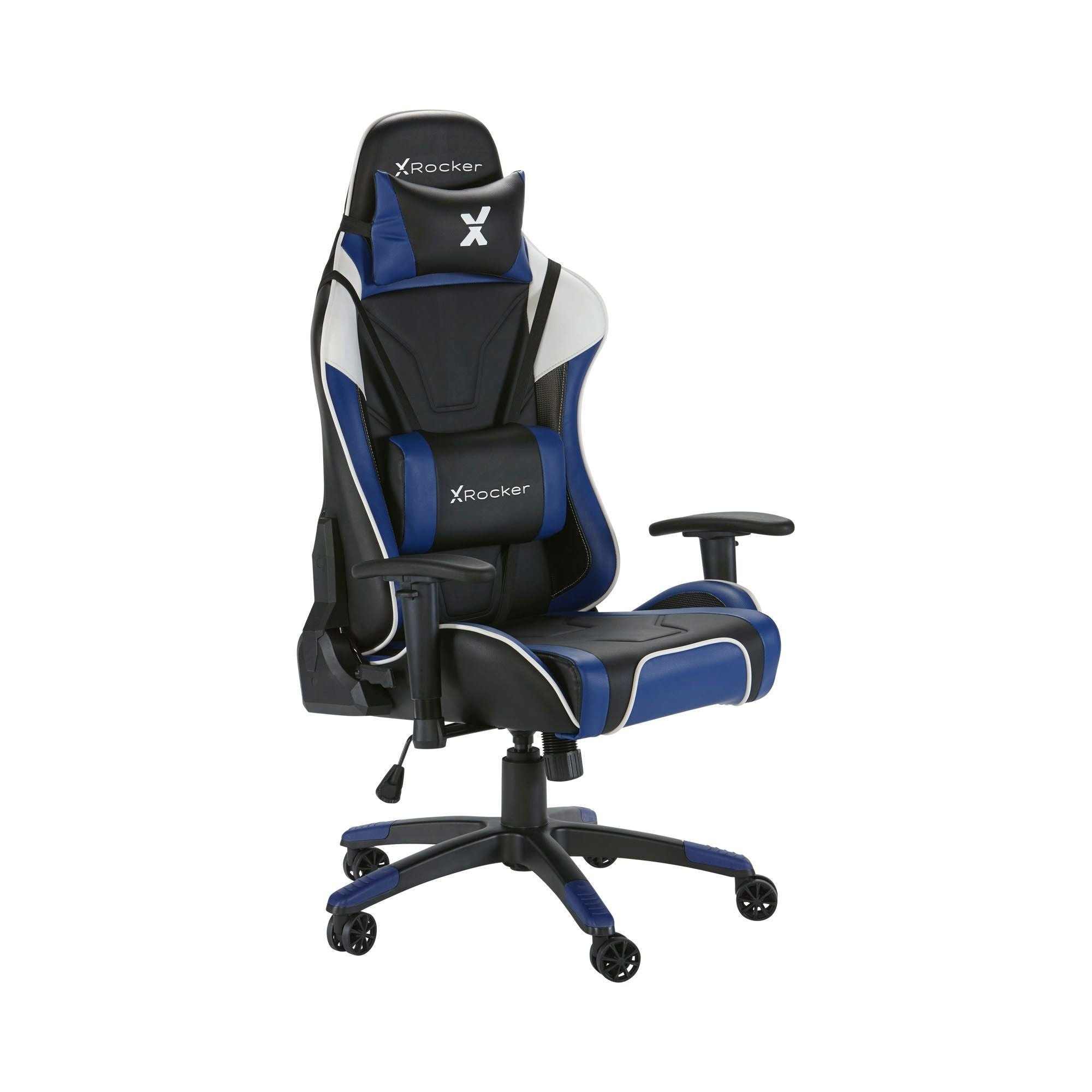 Schwarzer Gaming-Stuhl mit blauen und weißen Akzenten. X Rocker Logo. Der Hintergrund ist weiß.