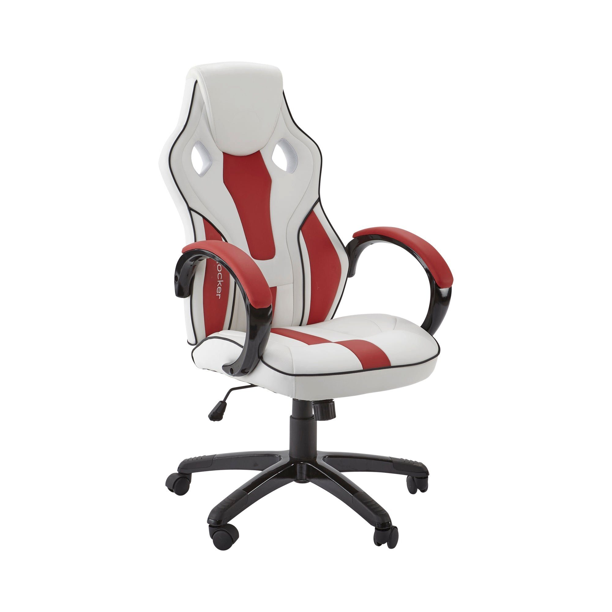 Ein weiß-roter Gaming-Stuhl mit schwarzen Akzenten auf weißem Hintergrund. Er hat eine Kopfstütze, Armlehnen und Räder.