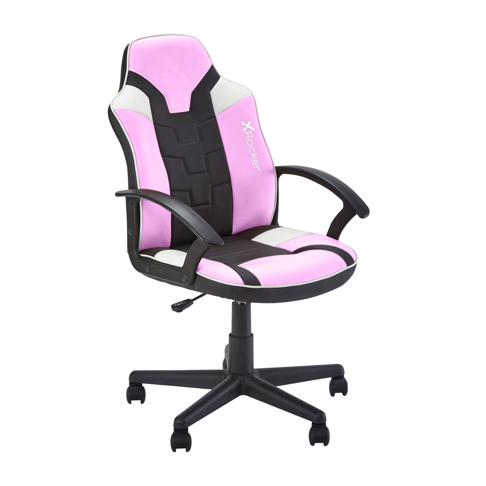 Rosa, schwarzer und weißer Gaming-Stuhl mit schwarzen Armlehnen und schwarzem Fuß.