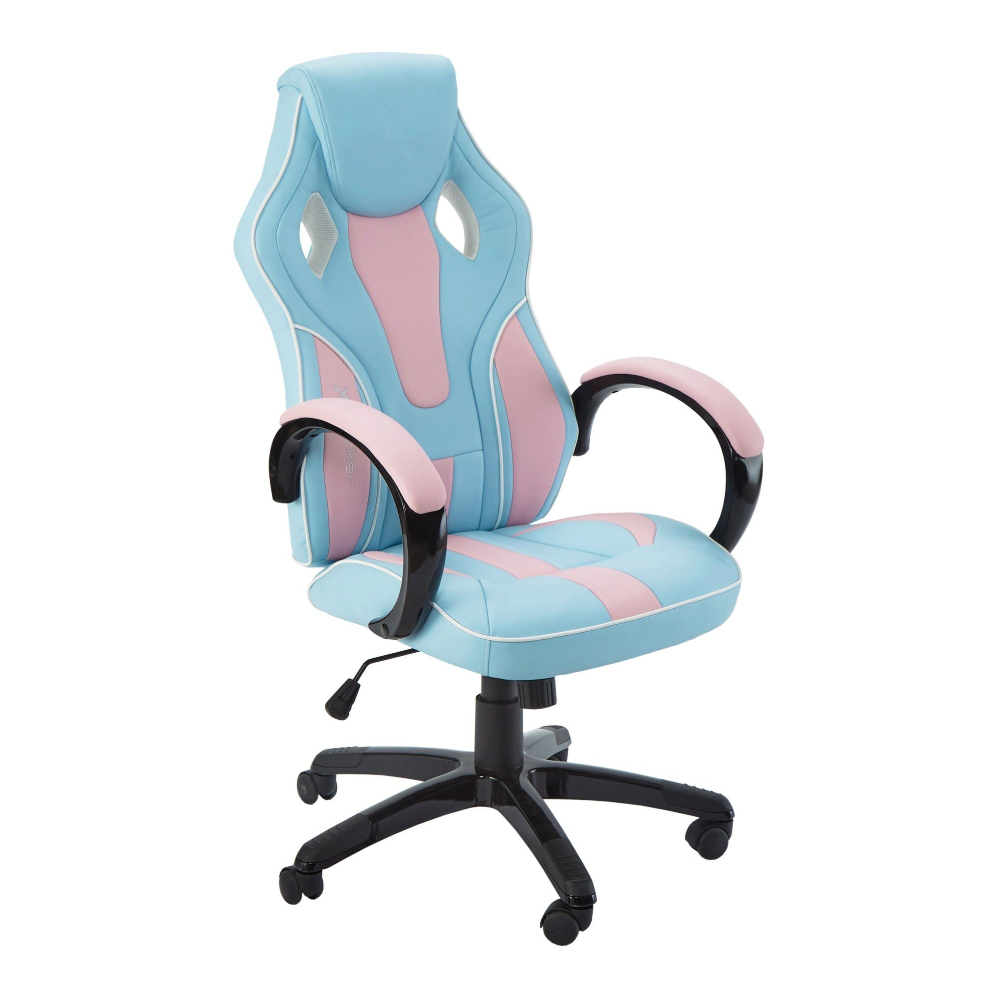 Blau-rosa Gaming-Stuhl mit hohem Rücken, Armlehnen und schwarzem Fuß mit Rollen, freigestellt auf Weiß.