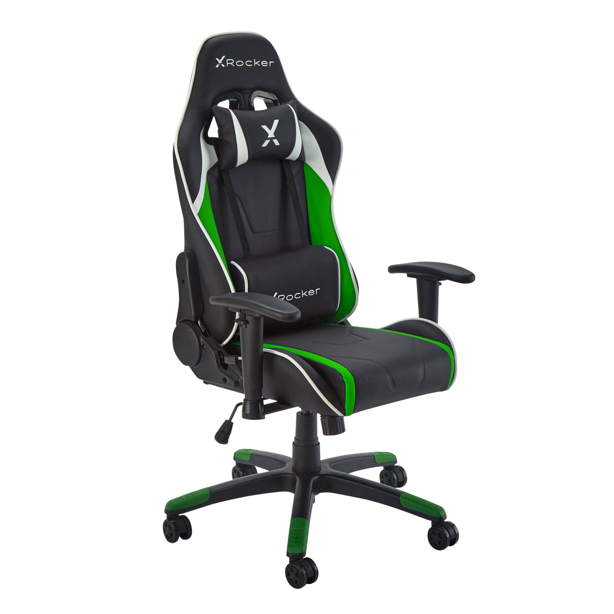 Schwarzer Gaming-Stuhl mit grünen Akzenten. Er hat eine Kopfstütze, Armlehnen und Räder.