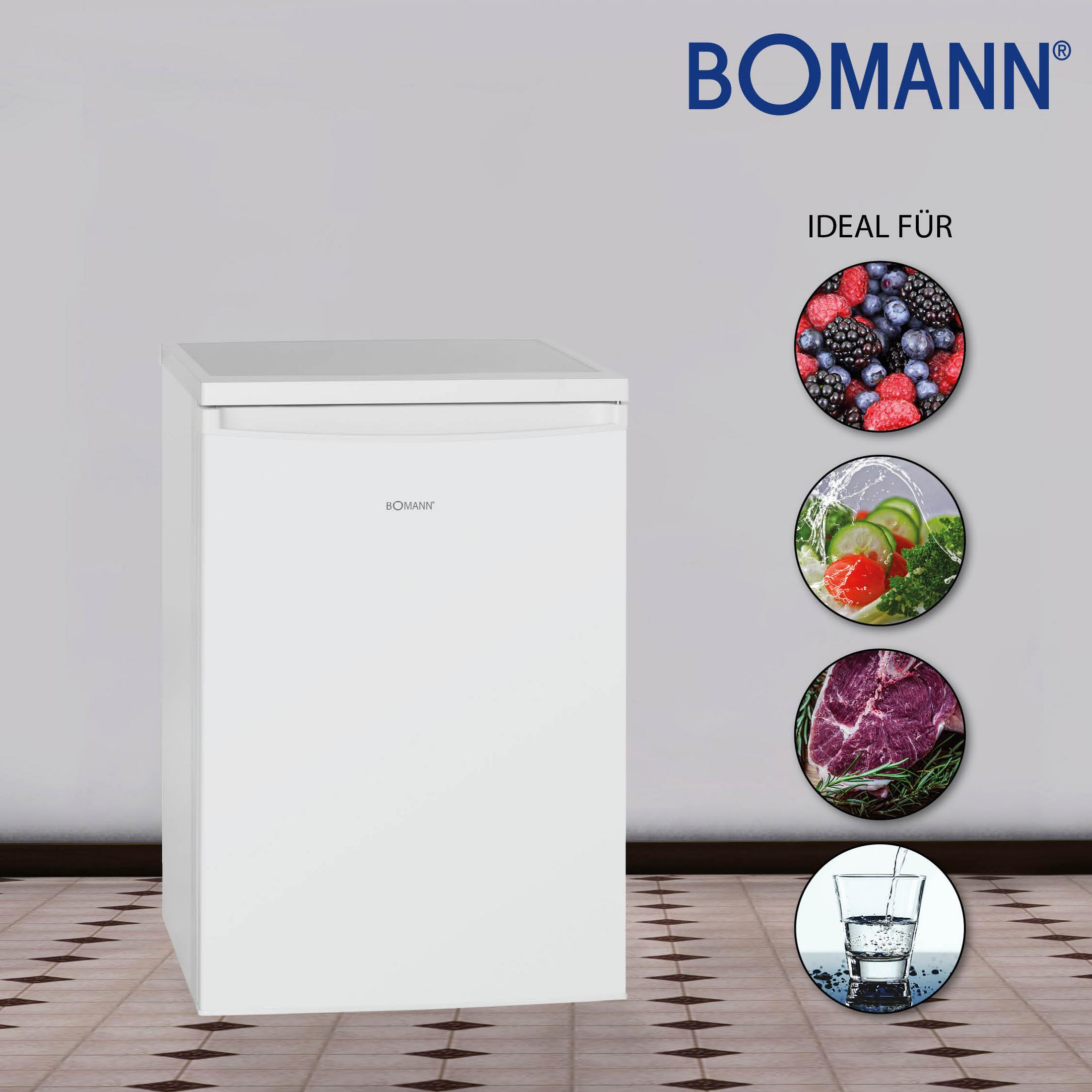 Weißer Kühlschrank mit Lebensmittelbildern, ideal für Beeren, Gemüse, Fleisch und Wasser.