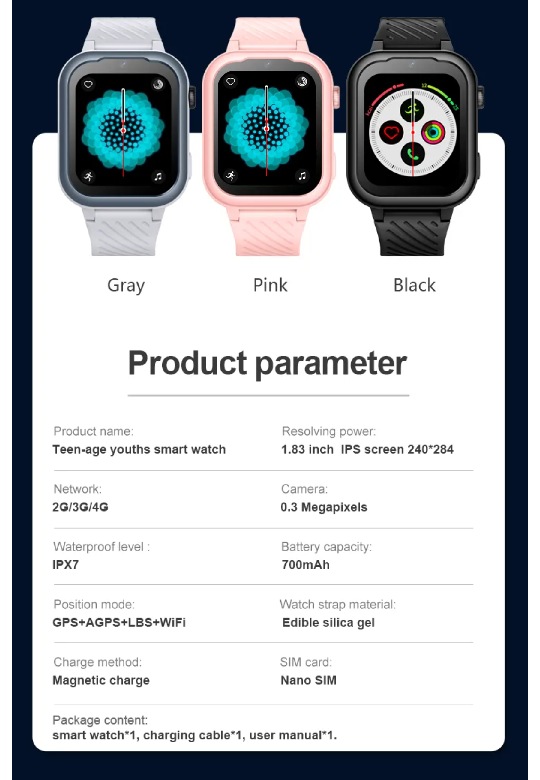 Drei Smartwatches, grau, rosa und schwarz, mit Produktdetails darunter.