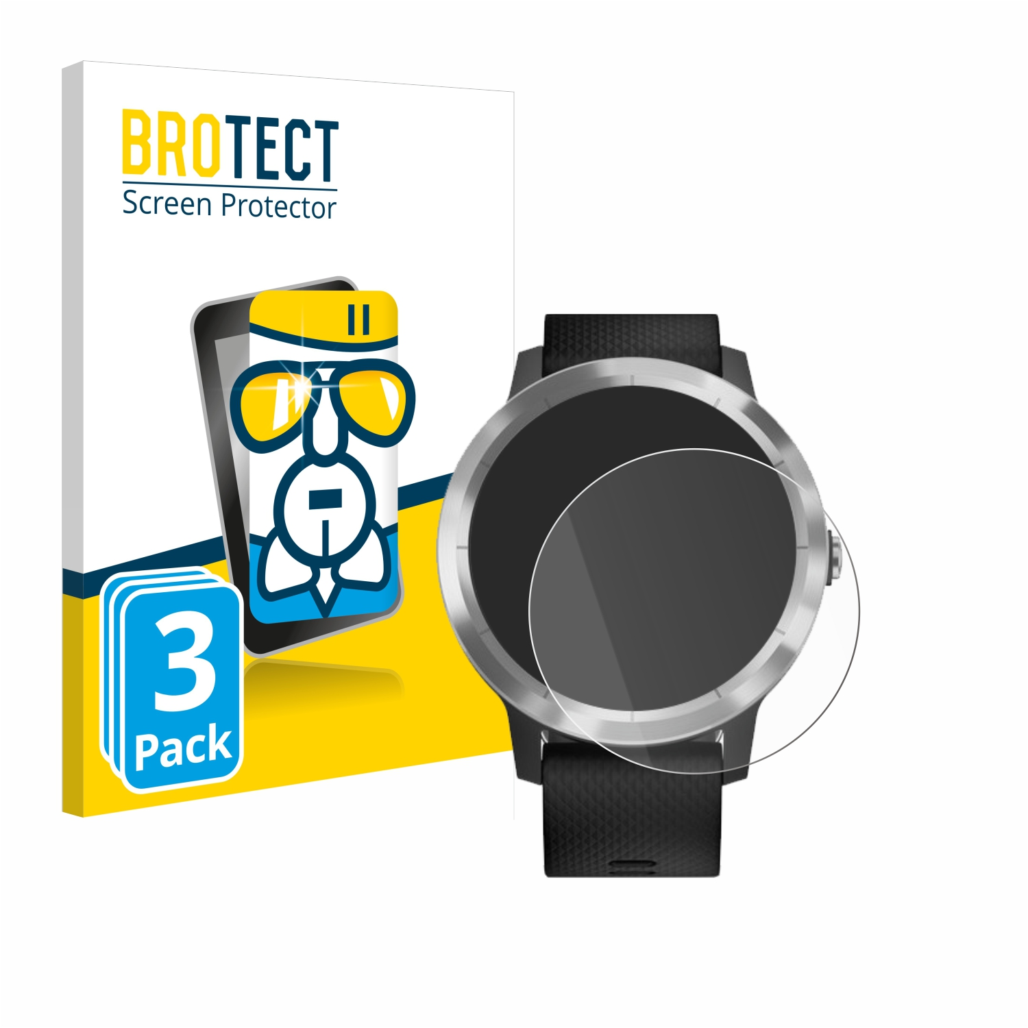 Eine Smartwatch und eine Displayschutzfolienpackung. Die Packung zeigt einen Telefonbildschirm mit Brille darauf.