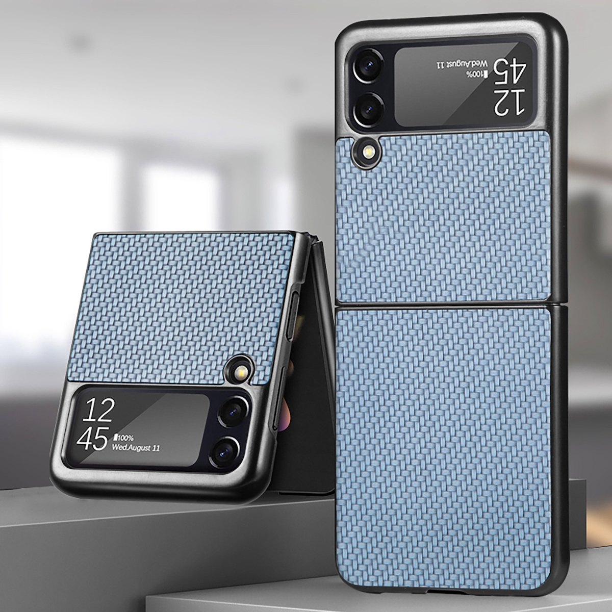 WIGENTO Struktur Cover, mit Z Tasche Samsung, Quermuster, Blau Flip Design Galaxy Flip4