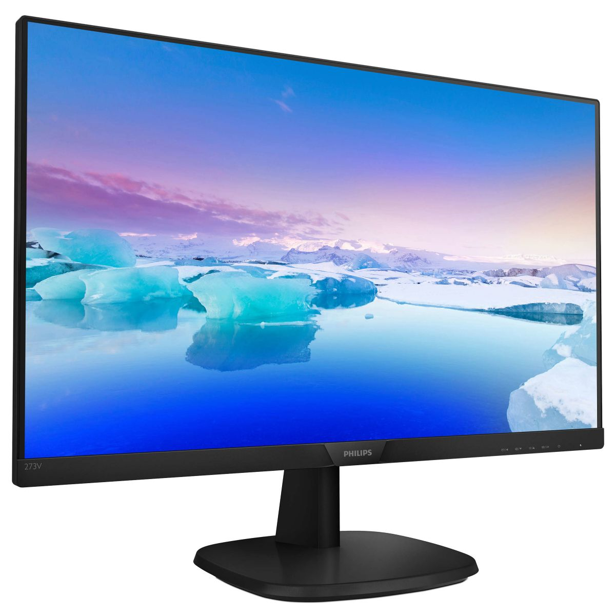 Un monitor de computadora que muestra un paisaje azul y blanco con icebergs.
