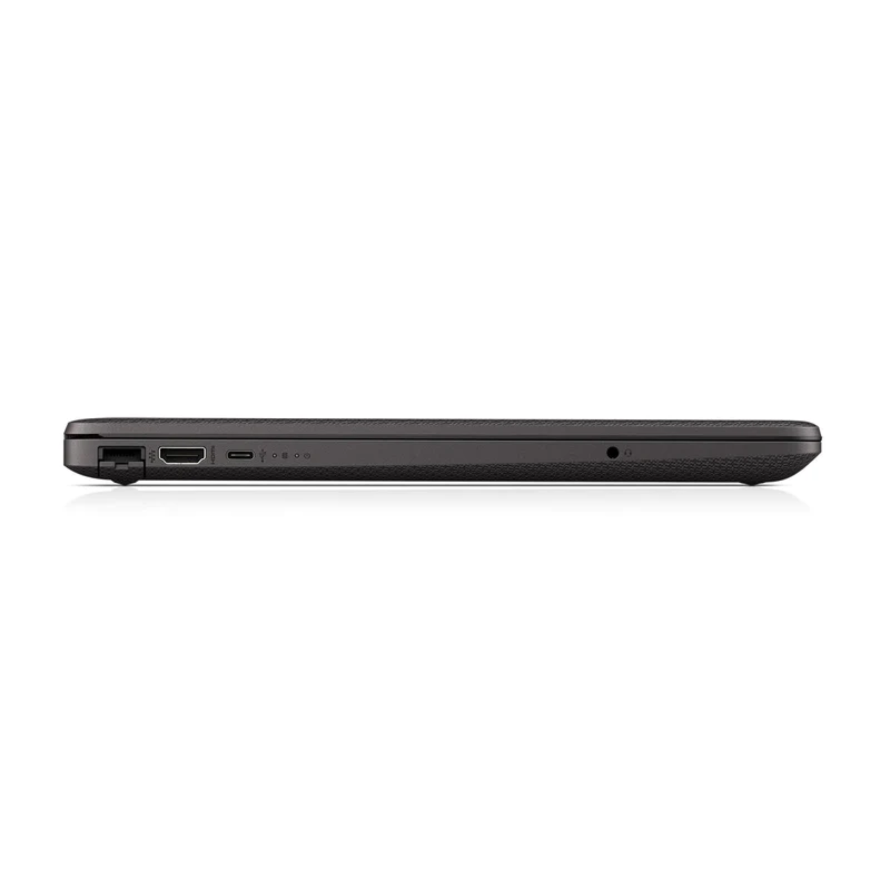 Das Seitenprofil eines schwarzen Laptops vor weißem Hintergrund.
