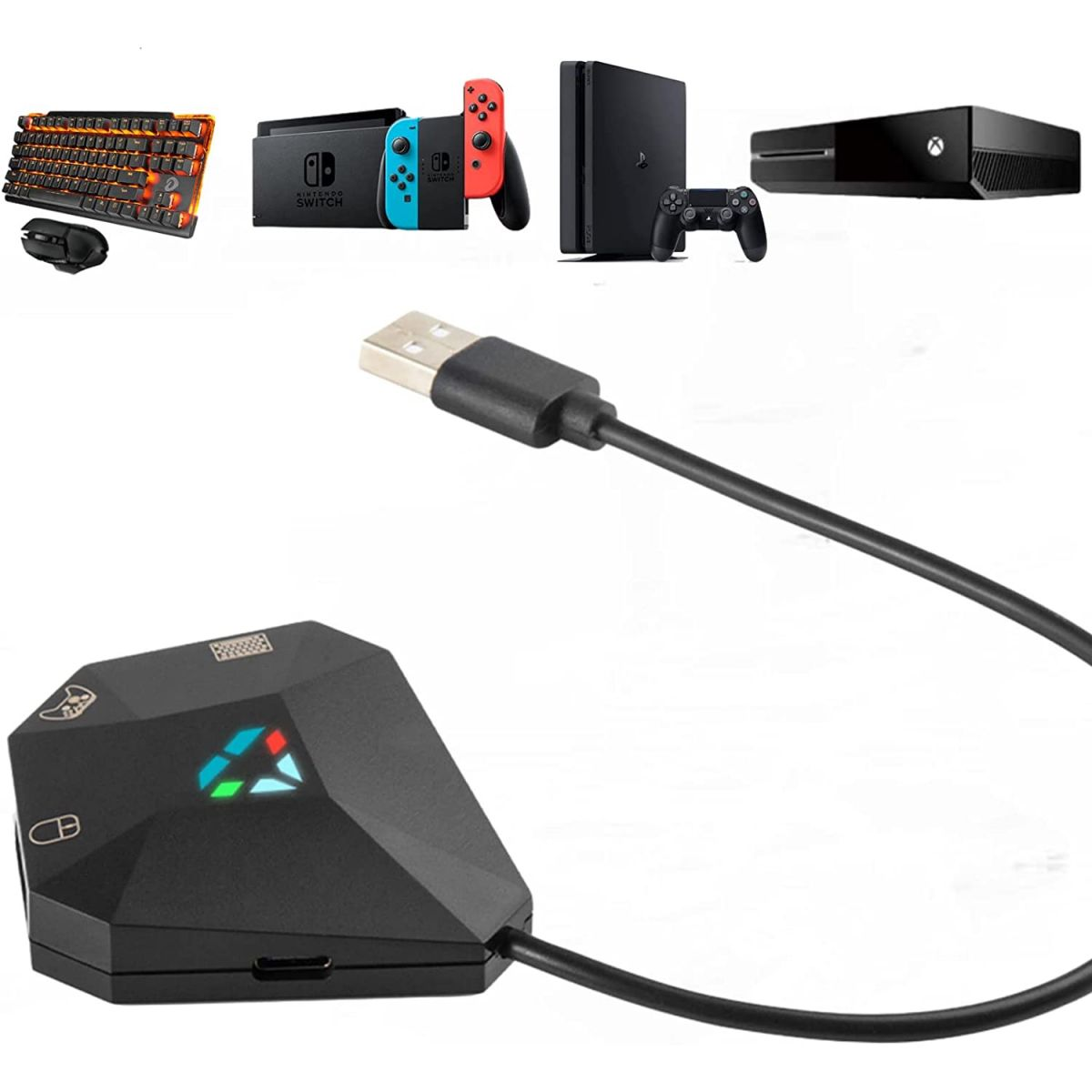Un adattatore nero con cavo USB, vicino a tastiera, mouse, Nintendo Switch, PS4 e Xbox.