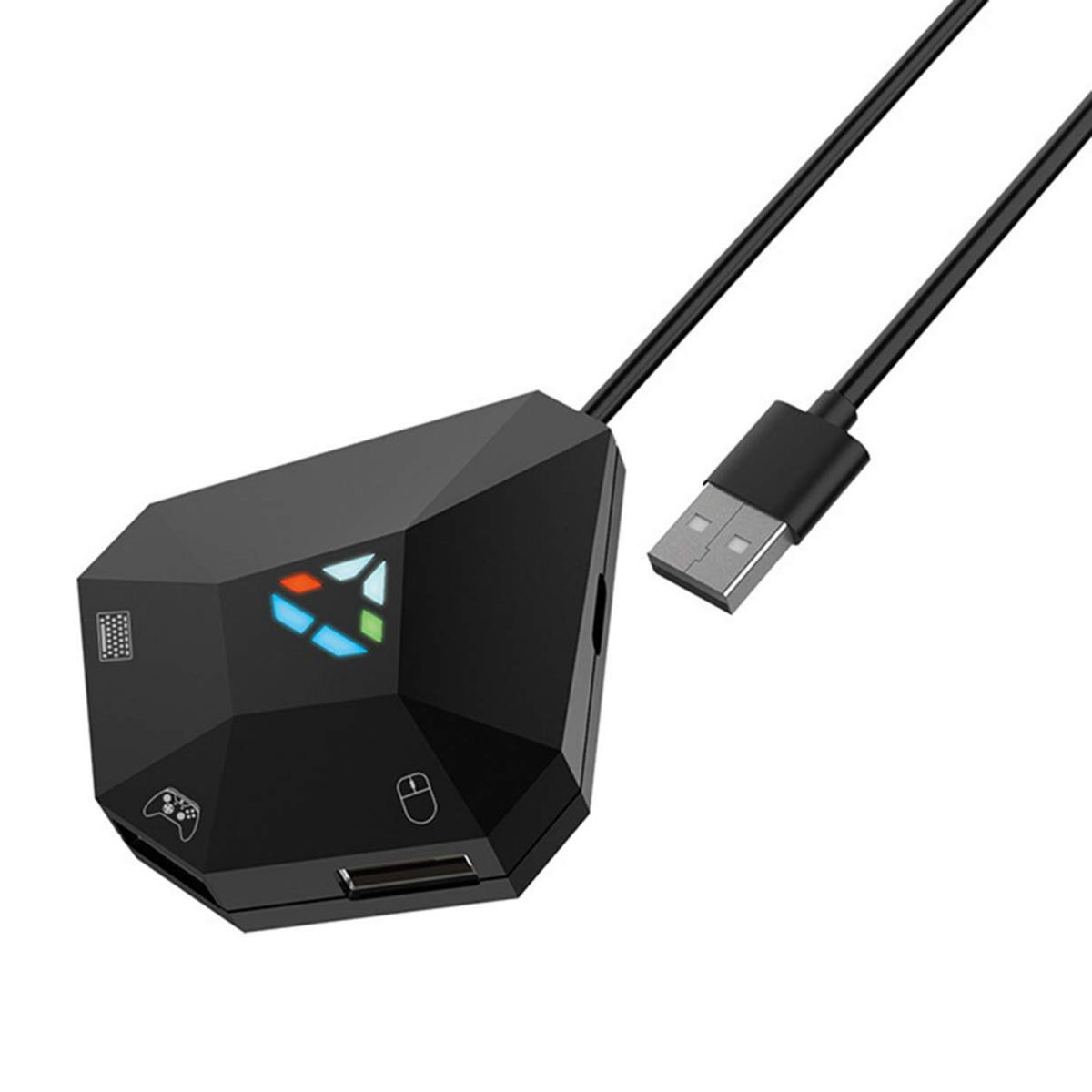 Un dispositivo nero con un cavo USB e una luce che indica lo stato del dispositivo.