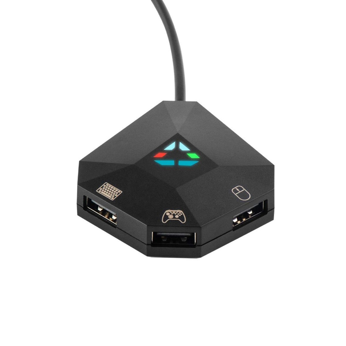 Hub USB nero con icone di tastiera, controller di gioco e mouse.
