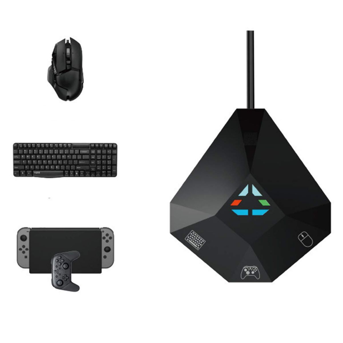 Configurazione di gioco con un mouse, una tastiera e un controller per console collegati a un hub.