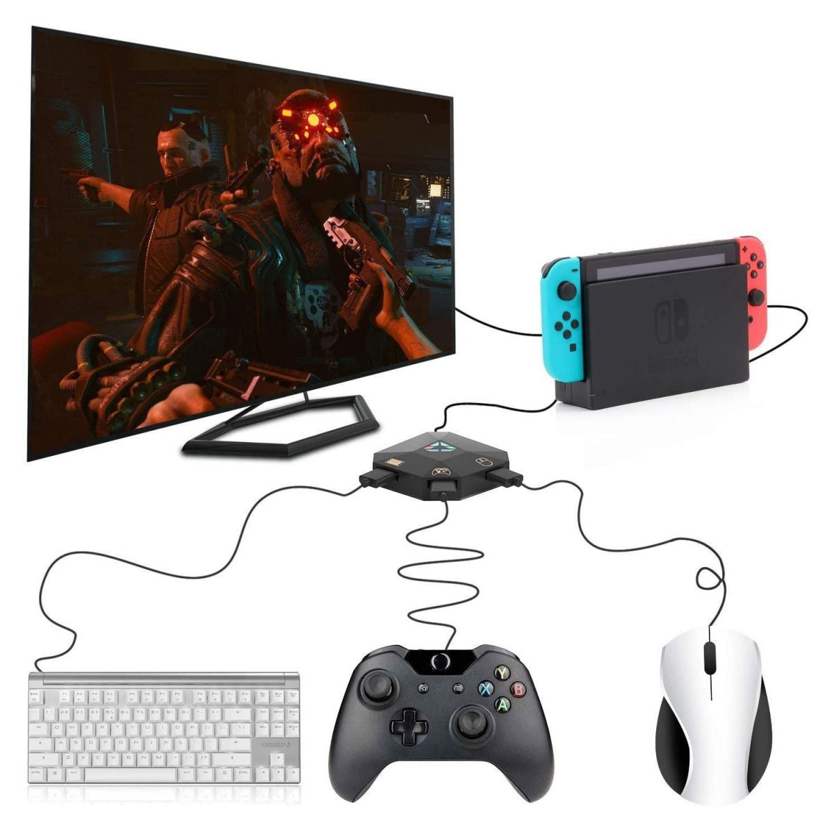 Configurazione di gioco con TV, Switch, tastiera, controller e mouse.