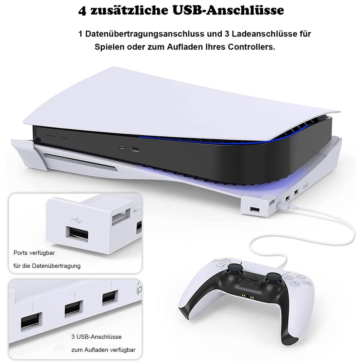 Weiße Spielkonsole mit Zubehör. Controller und USB-Hub im Vordergrund. Weißer Hintergrund.