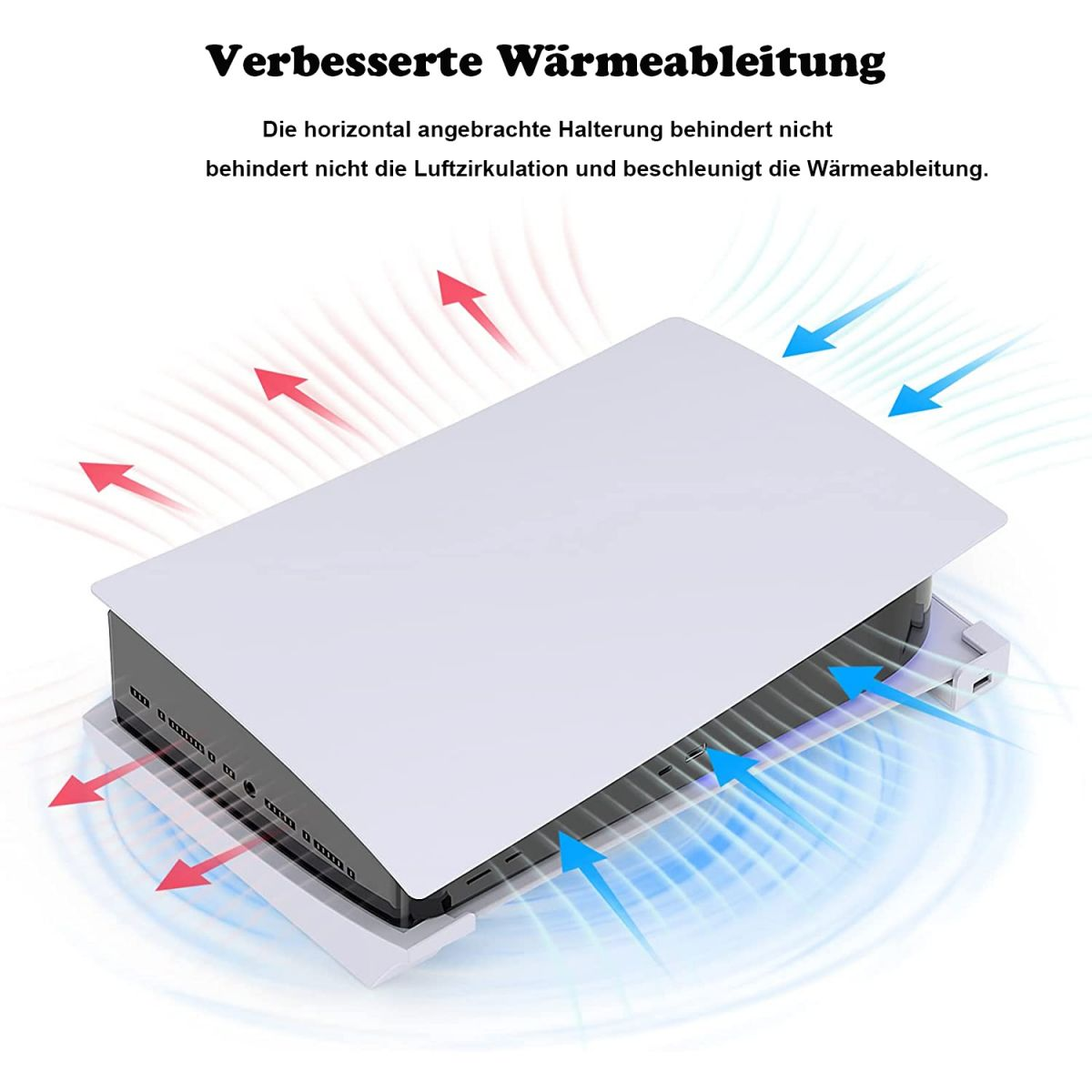 Eine weiße PlayStation 5-Konsole mit schwarzem Innenraum, auf einem weißen Ständer.