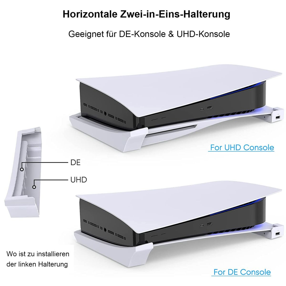 Zwei Playstation 5 Konsolen auf Ständern.